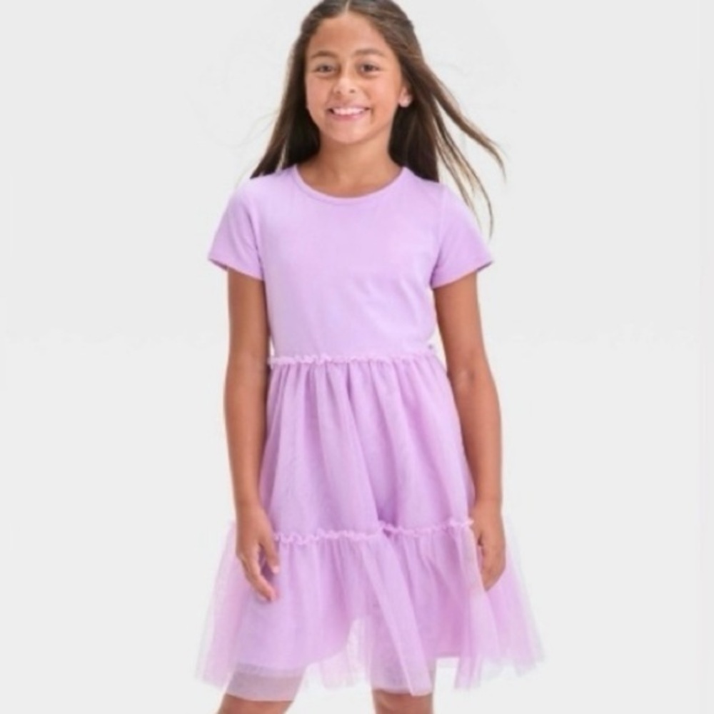 Cat & Jack Lavender Short Sleeve Knit Tulle Tiered Dress